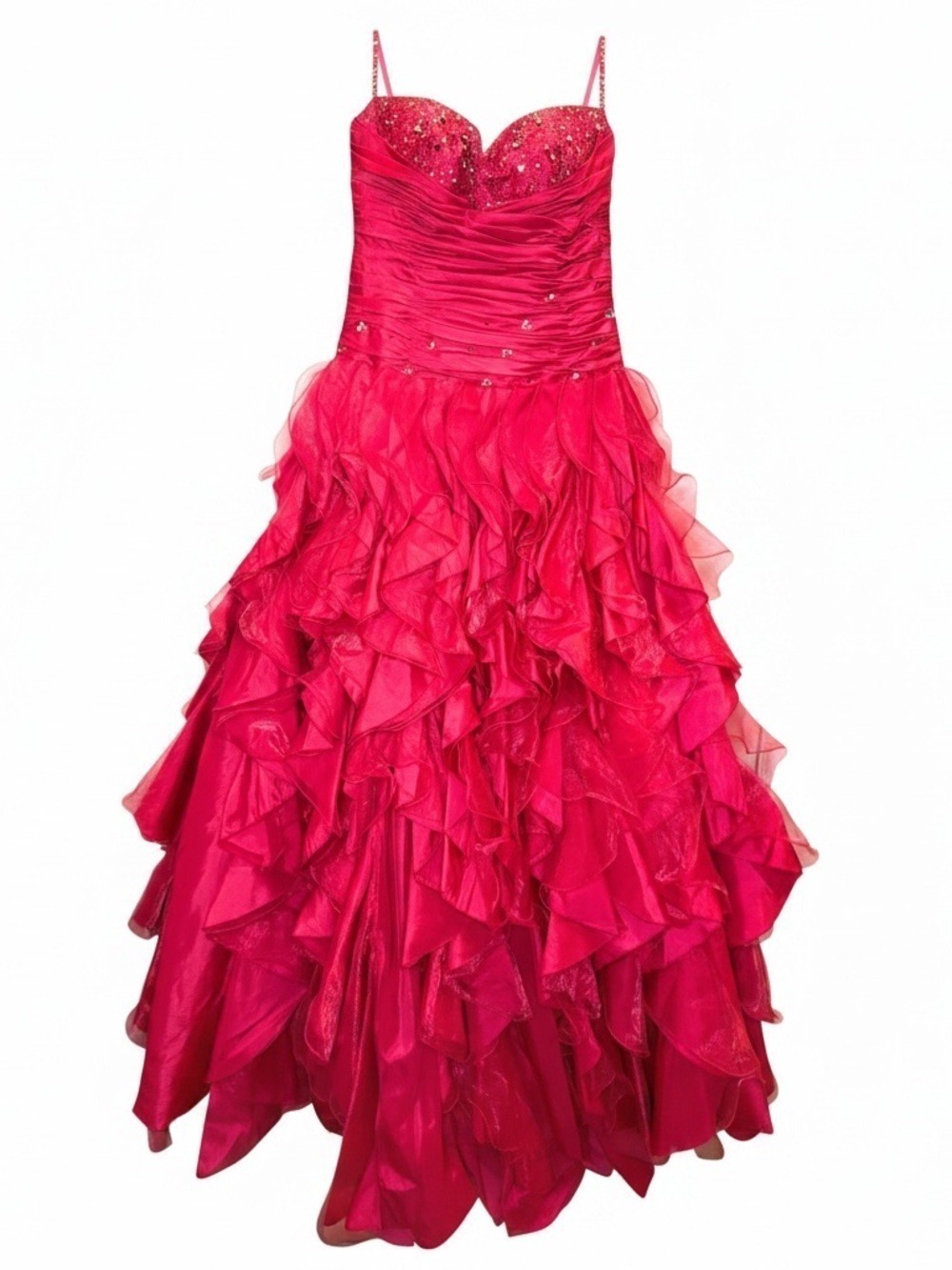Hot Pink Formal Gown Medium Ruffled Tiered Princess Sequins - Picture 2 of 10